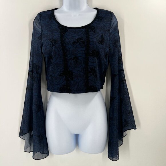ROMWE L Tim Burton Corpse Bride Moth Mesh Crop Top Bell Sleeve Gothcore - Picture 1 of 13